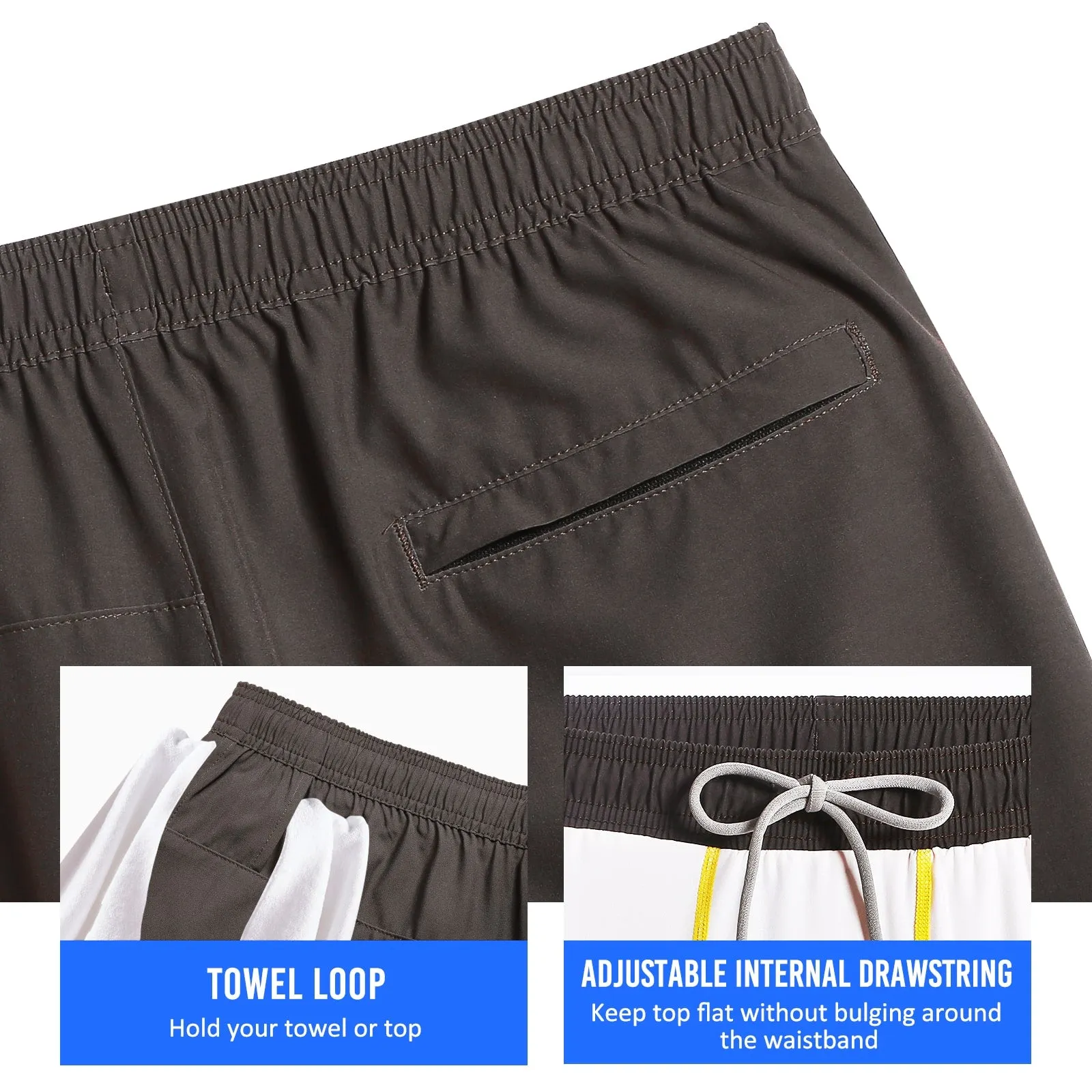 2 in 1 Stretch Long Lined Dark Brown Yellow Gym Shorts