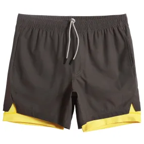 2 in 1 Stretch Long Lined Dark Brown Yellow Gym Shorts