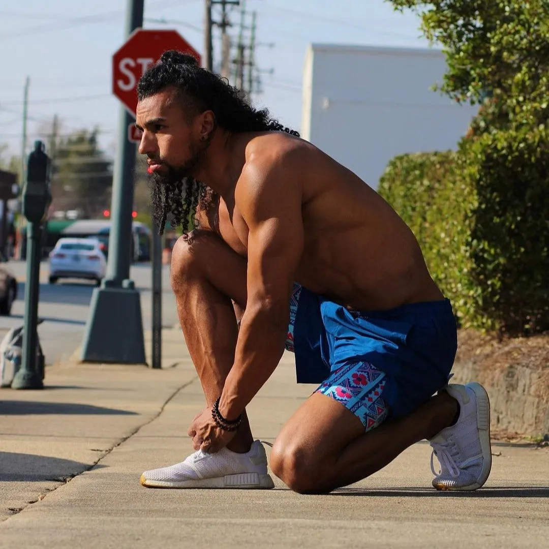 2 in 1 Stretch Short Lined Blue Printed Gym Shorts