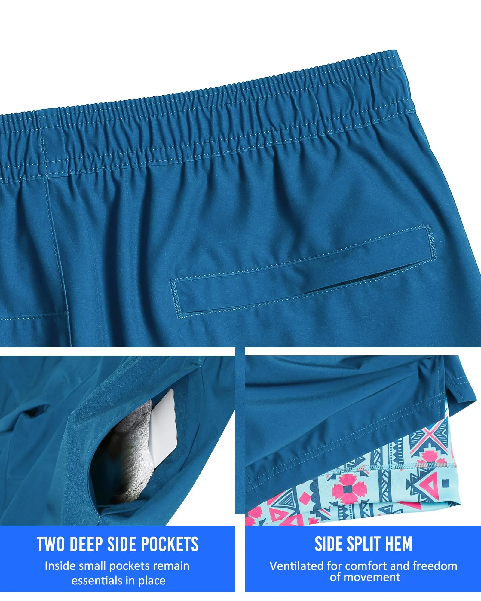 2 in 1 Stretch Short Lined Blue Printed Gym Shorts