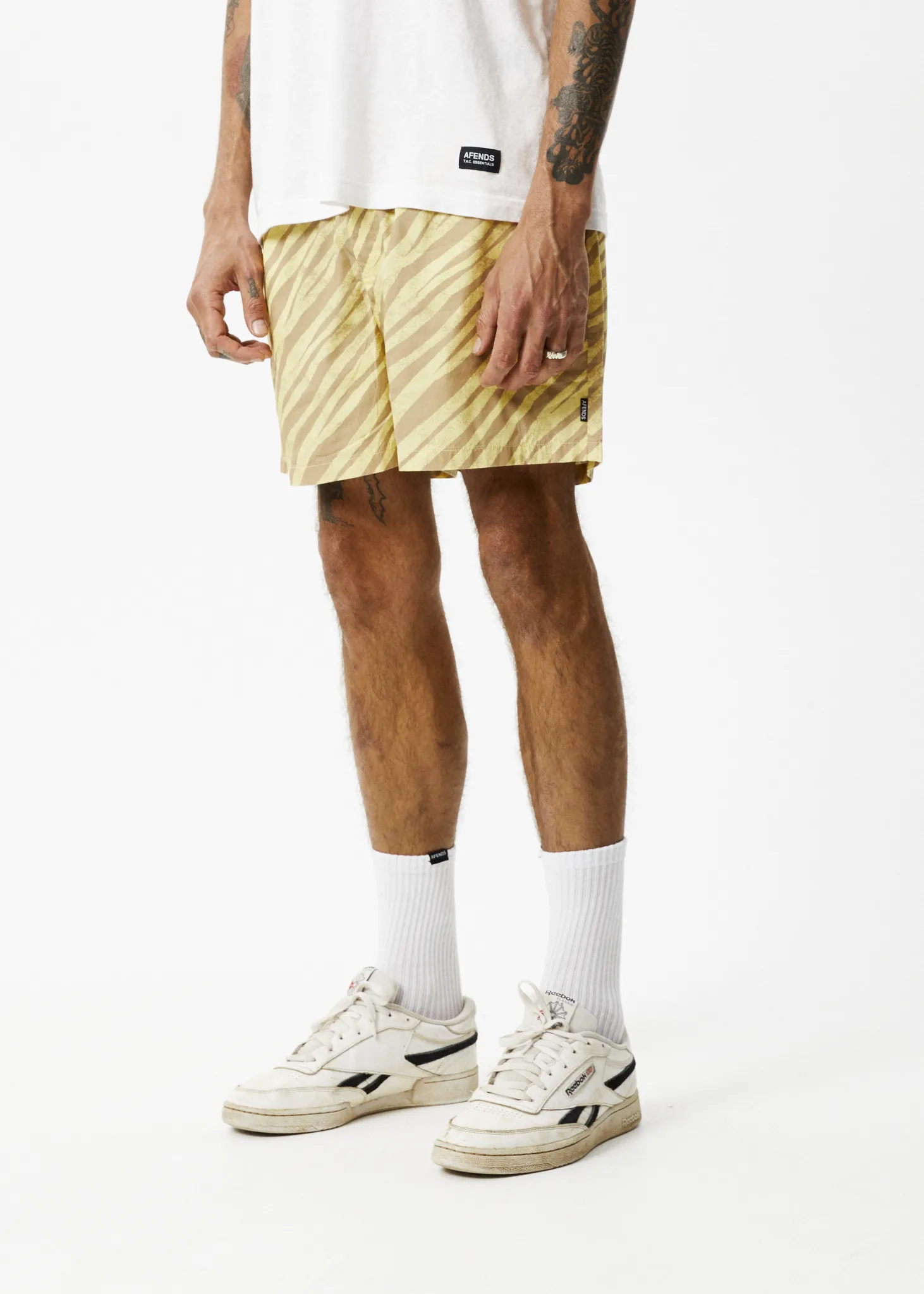 AFENDS Mens Baywatch Atmosphere - Elastic Waist Shorts - Butter Stripe