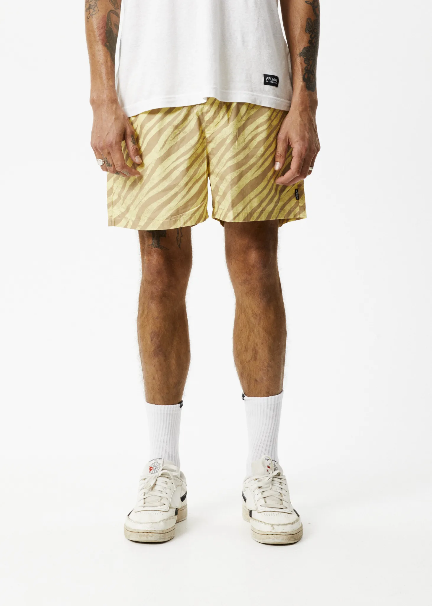 AFENDS Mens Baywatch Atmosphere - Elastic Waist Shorts - Butter Stripe