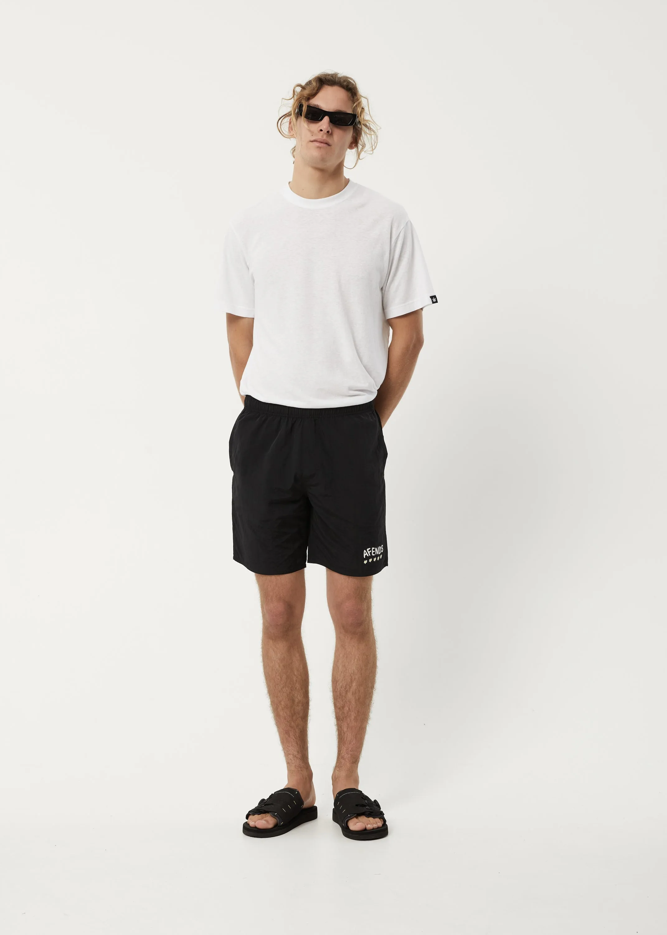 AFENDS Mens Baywatch Flowers - Elastic Waist Shorts - Black