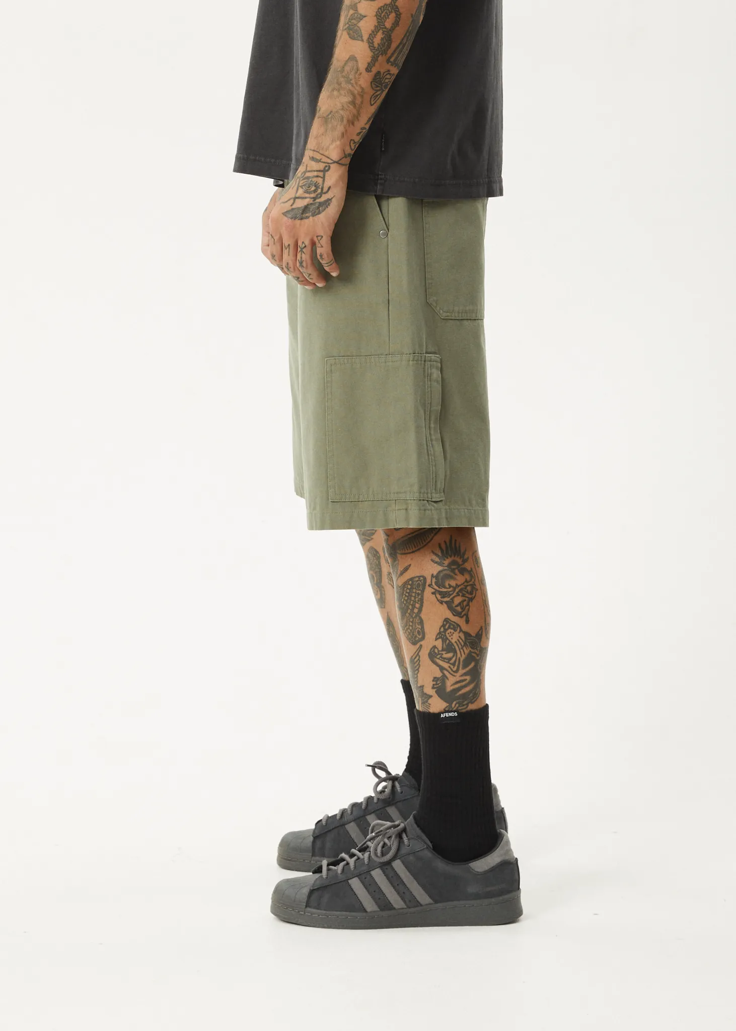 AFENDS Mens Harper - Canvas Carpenter Shorts 20" - Olive