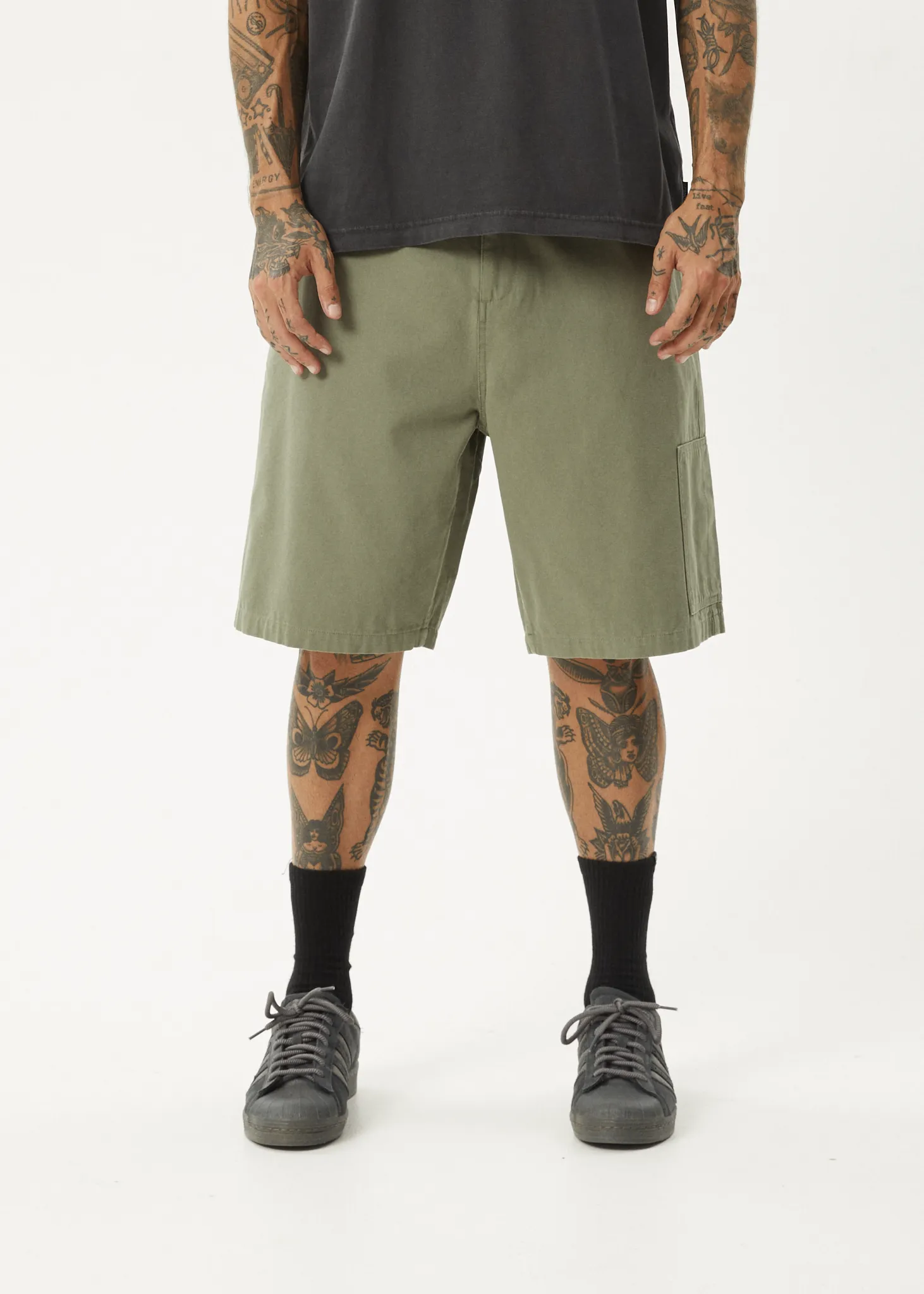 AFENDS Mens Harper - Canvas Carpenter Shorts 20" - Olive