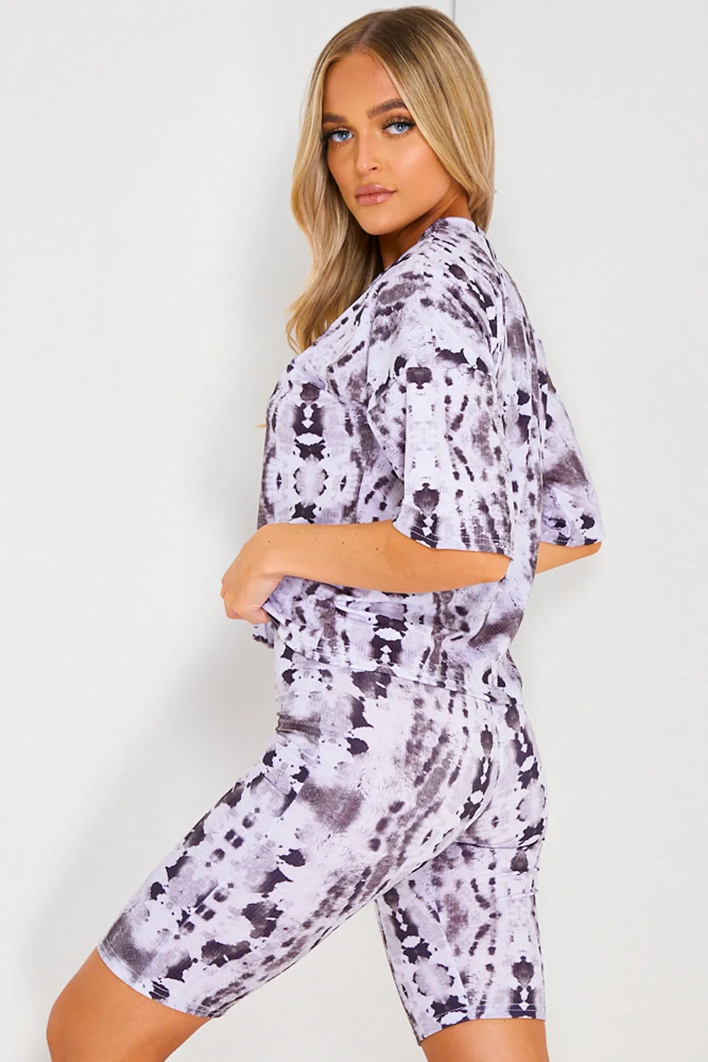 Black & White Abstract Tie Dye Print T-shirt and Shorts Co-Ord Set