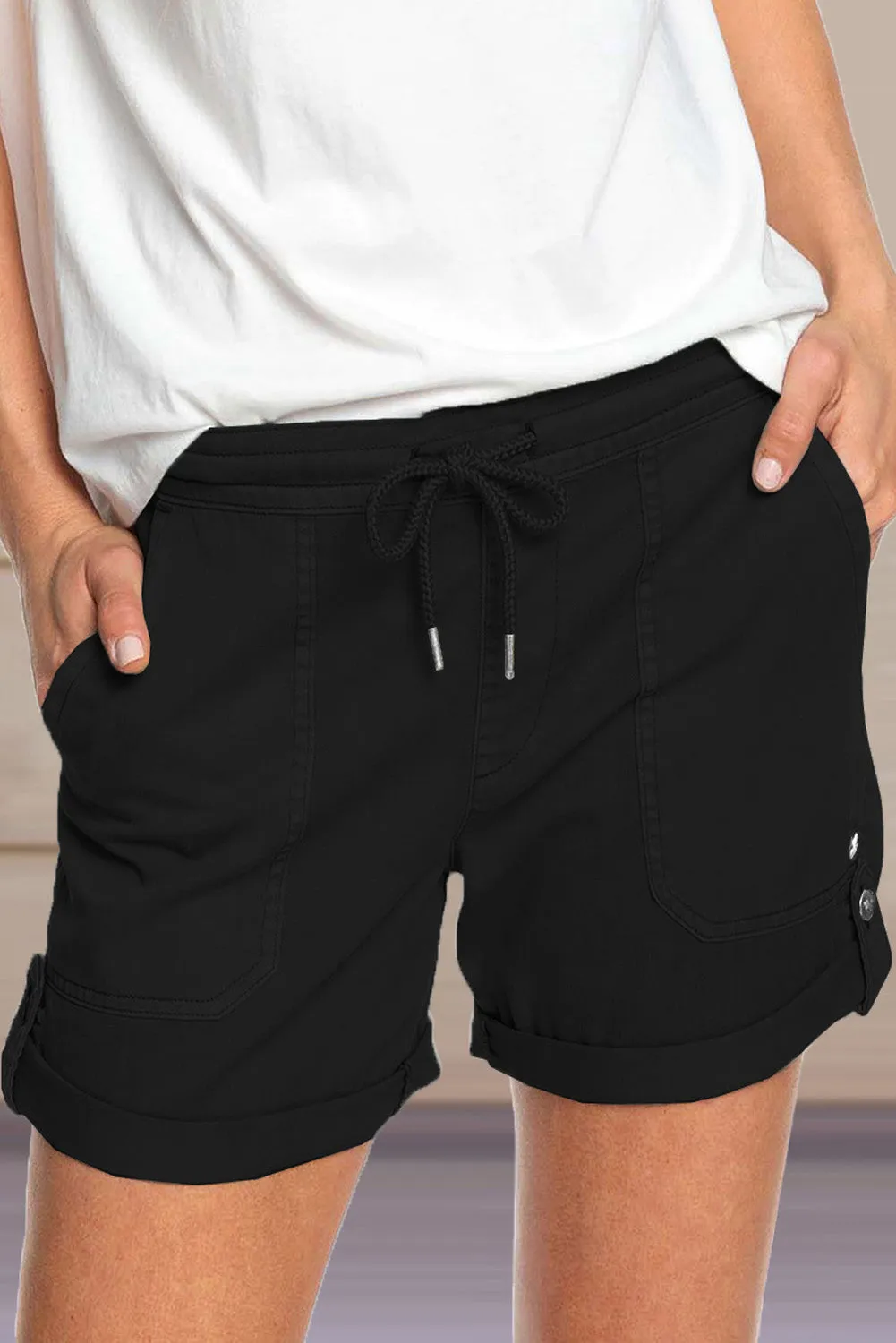 Black Elastic Waist Pocketed Drawstring Shorts