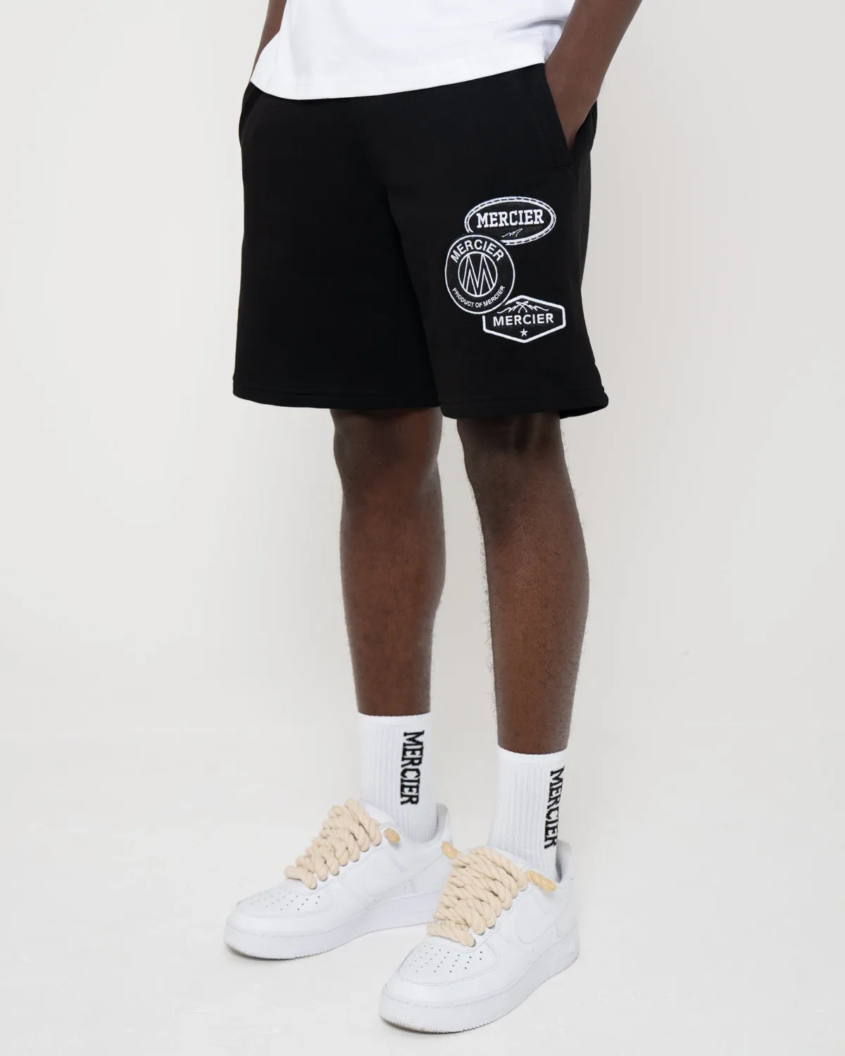 Black White Mono Badge Shorts