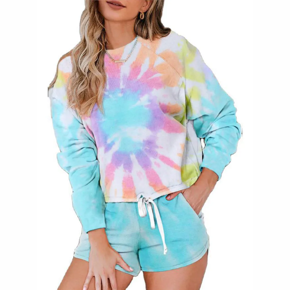 Bleach Tie Dye Two Piece Lounge Set Sweatsuit Shorts Set