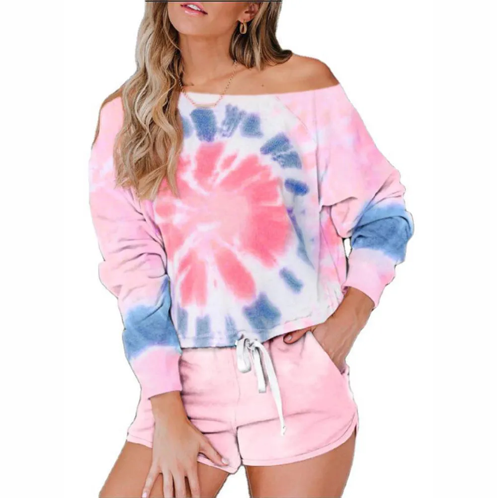 Bleach Tie Dye Two Piece Lounge Set Sweatsuit Shorts Set