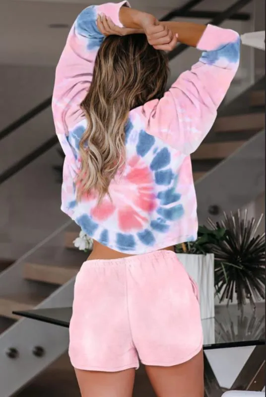 Bleach Tie Dye Two Piece Lounge Set Sweatsuit Shorts Set