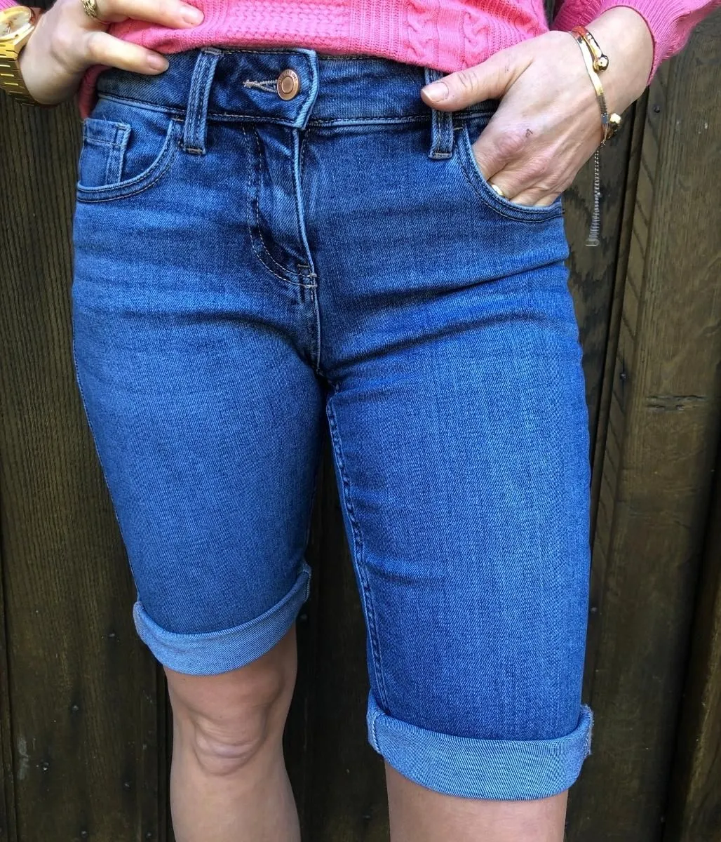 Blue Denim Knee Length Shorts