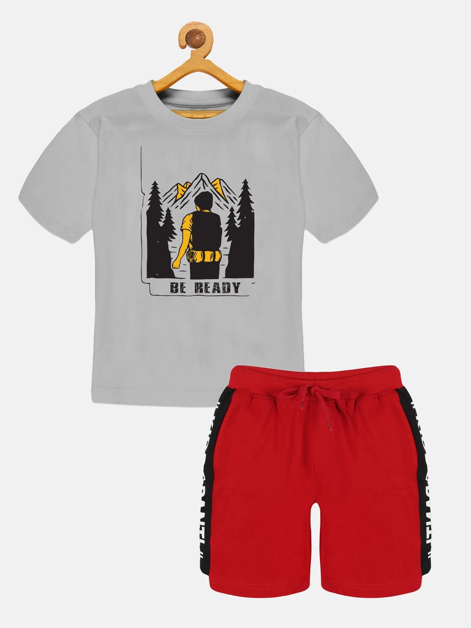 Boys Printed Drop Shoulder Tee & Cut & Sew Knee Length Shorts Set