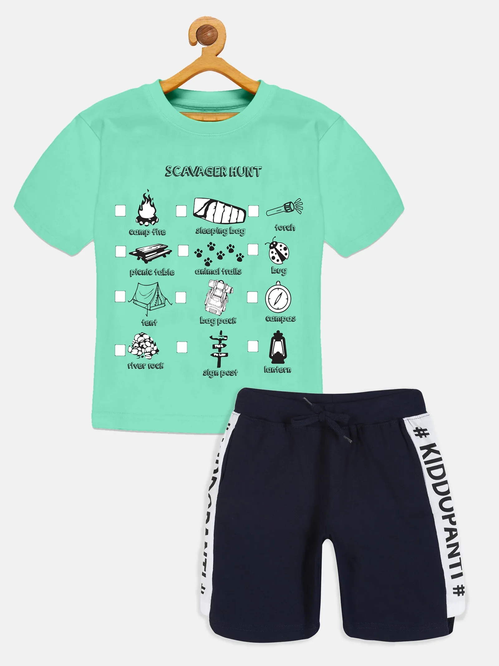 Boys Printed Drop Shoulder Tee & Cut & Sew Knee Length Shorts Set