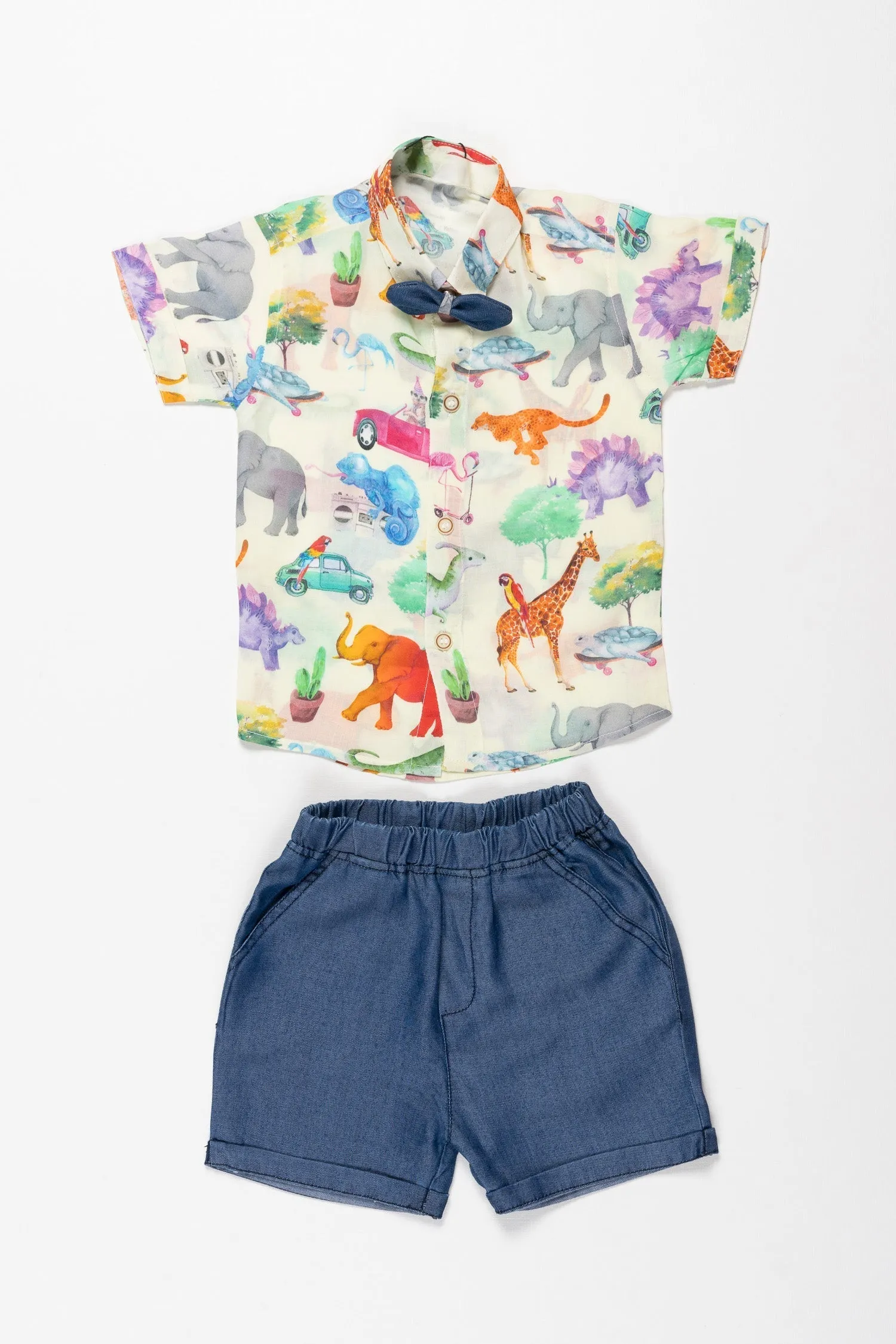 Boys Whimsical Wildlife Printed Shirt & Shorts Set - Vibrant Summer Attire