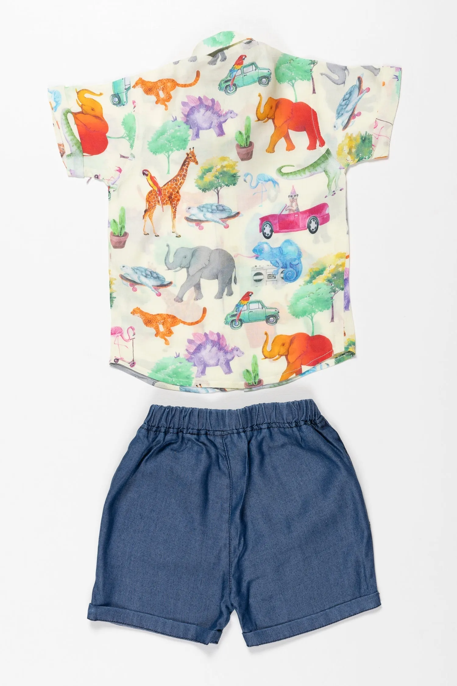 Boys Whimsical Wildlife Printed Shirt & Shorts Set - Vibrant Summer Attire