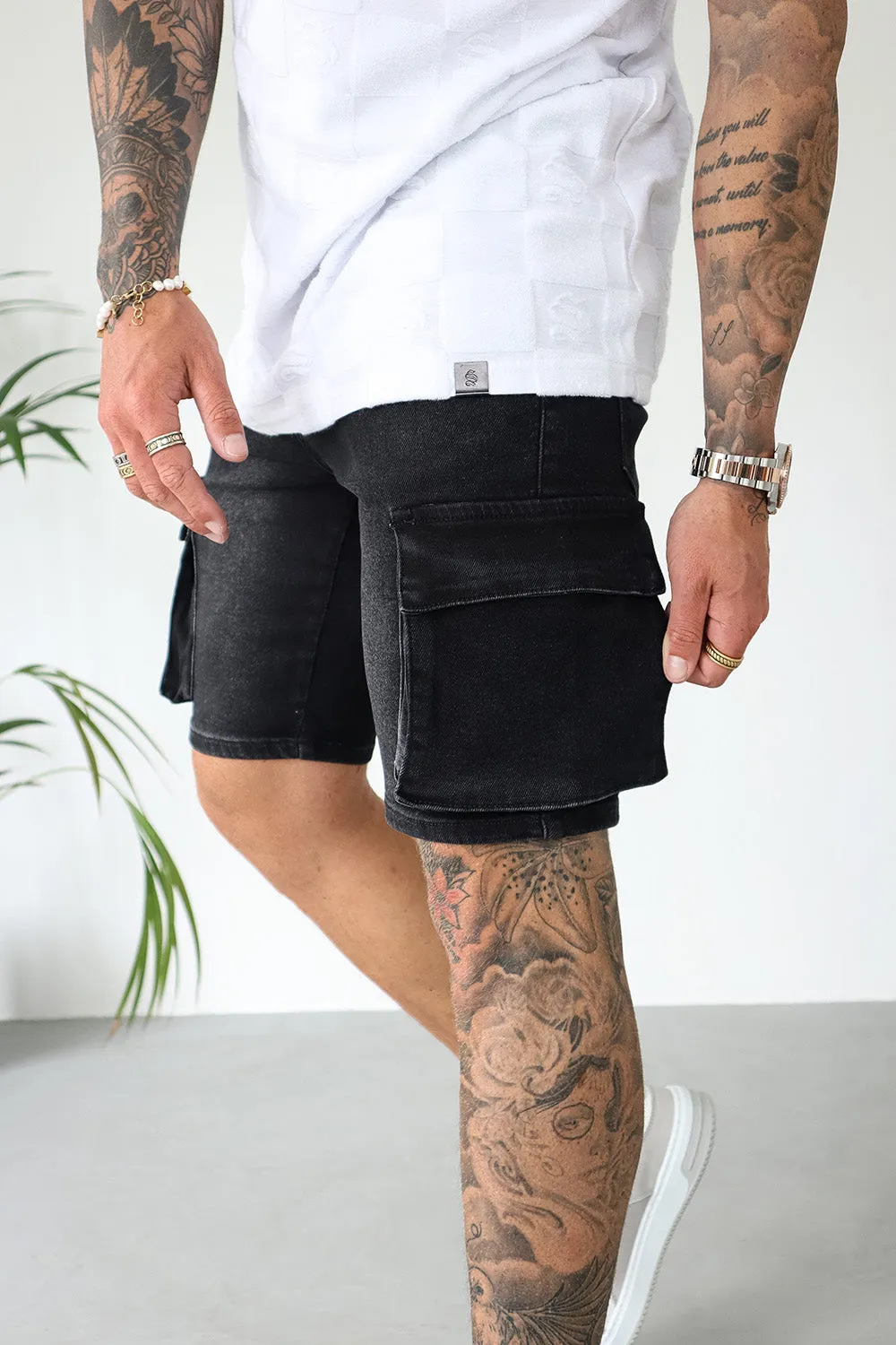 Cargo Utility Denim Shorts - Black