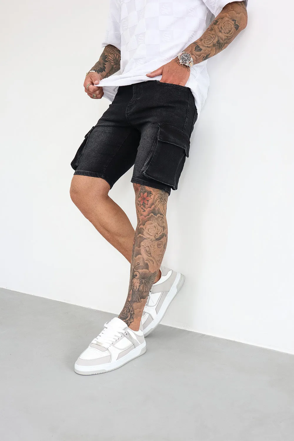 Cargo Utility Denim Shorts - Black