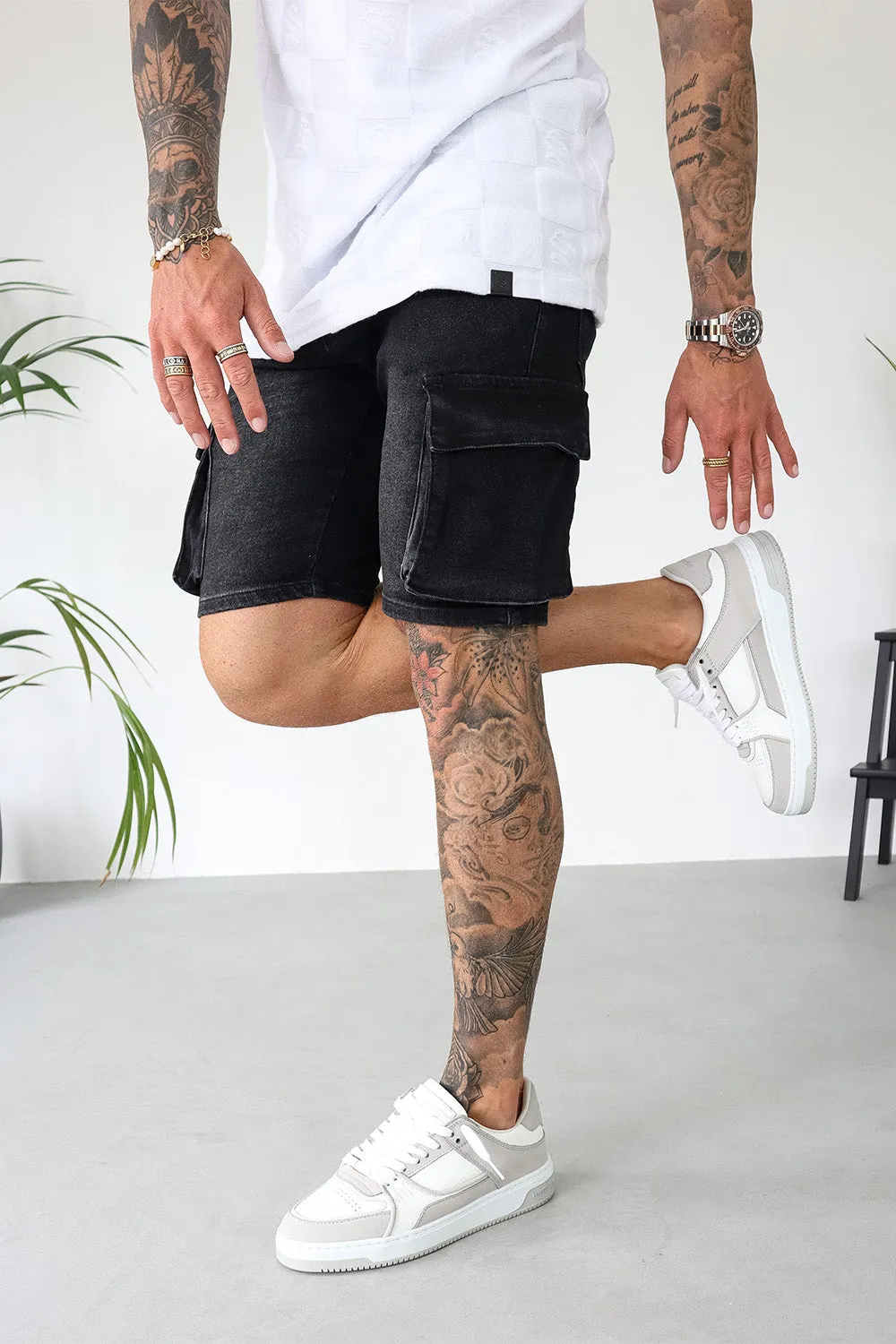 Cargo Utility Denim Shorts - Black