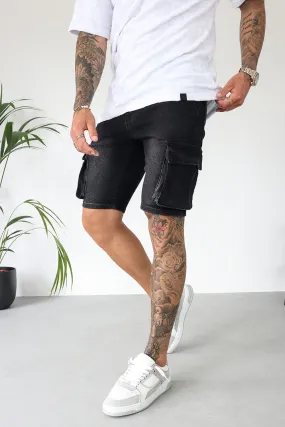 Cargo Utility Denim Shorts - Black