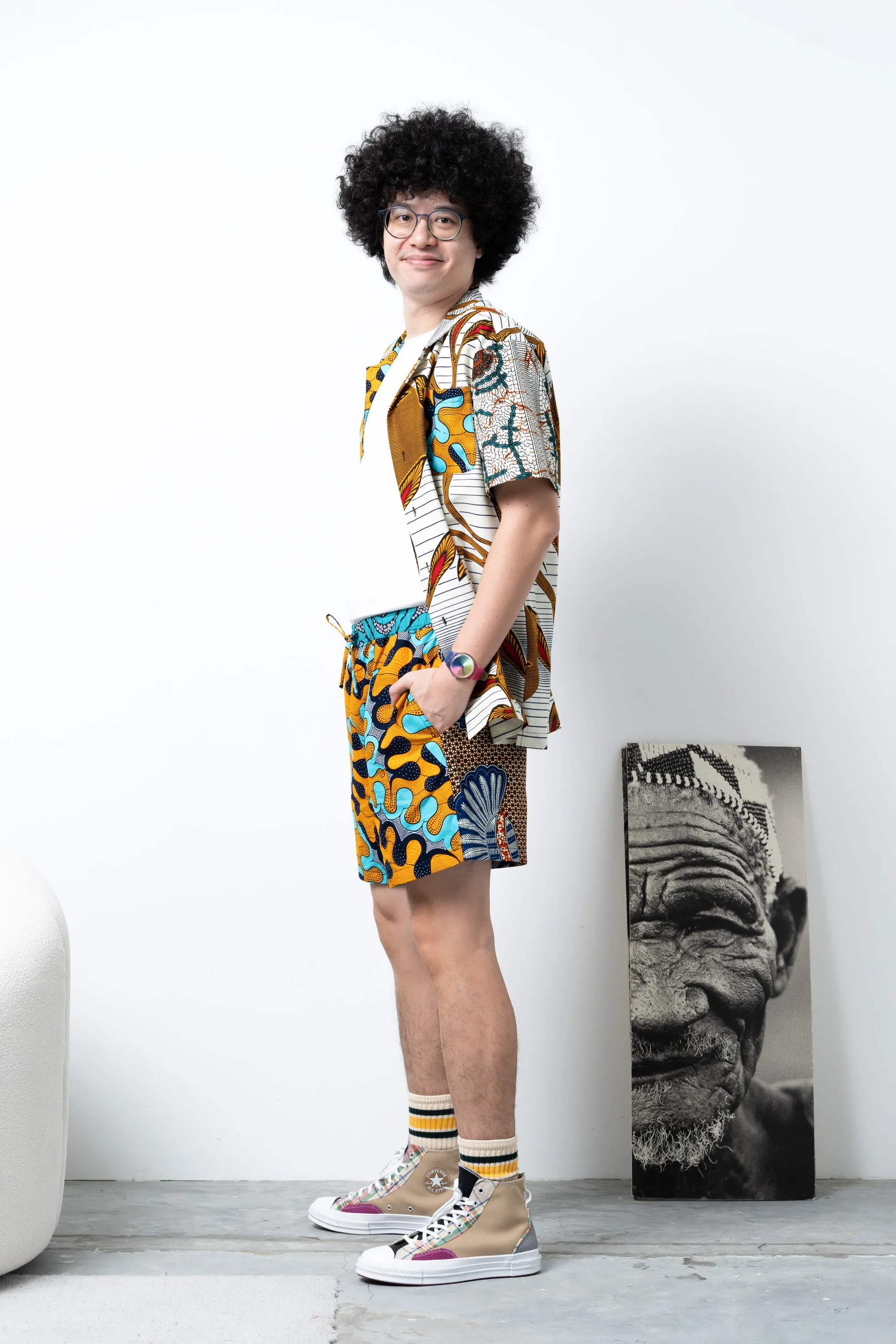 Chinny Shorts - Mix Match Awoluba Cyan Yellow and Blue African Ankara Wax Cotton Print