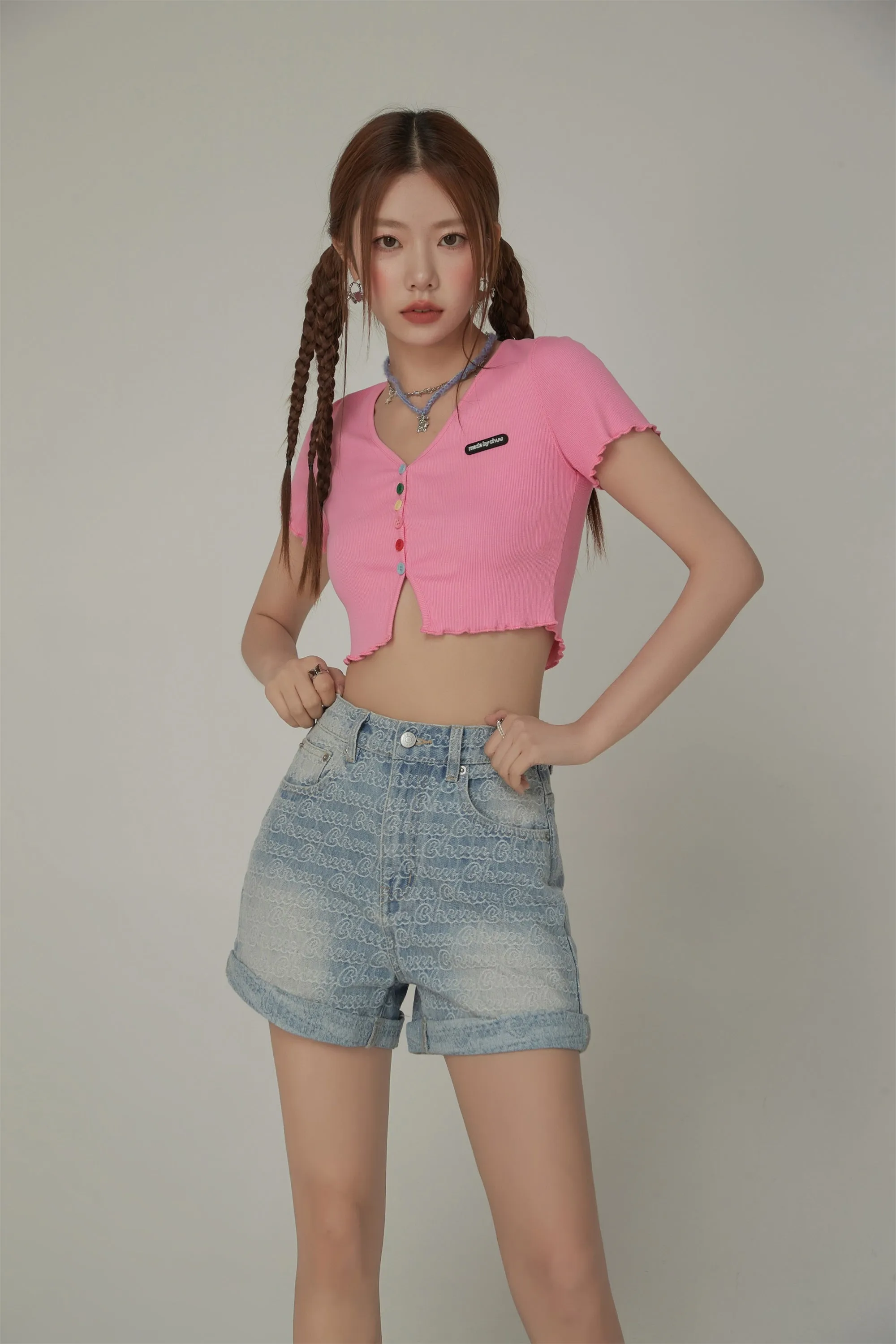 Chuu Lettering Pattern Rolled Denim Shorts