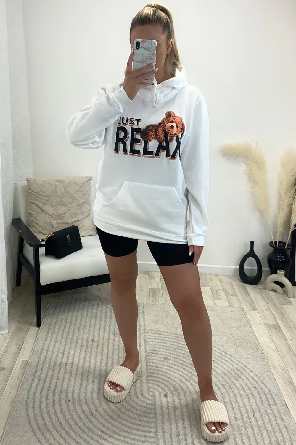 Clarissa White Relax Teddy Graphic Print Oversized Hoodie