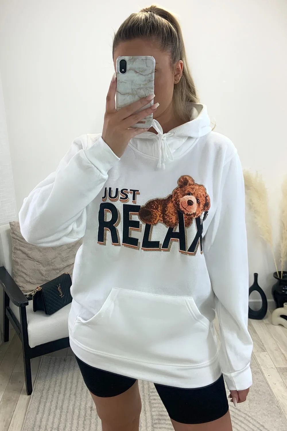 Clarissa White Relax Teddy Graphic Print Oversized Hoodie