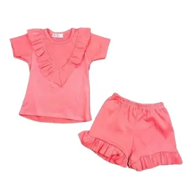 CLEARANCE DEAL - Loungewear - Girls Coral Ruffle T-Shirt & Shorts 4yr