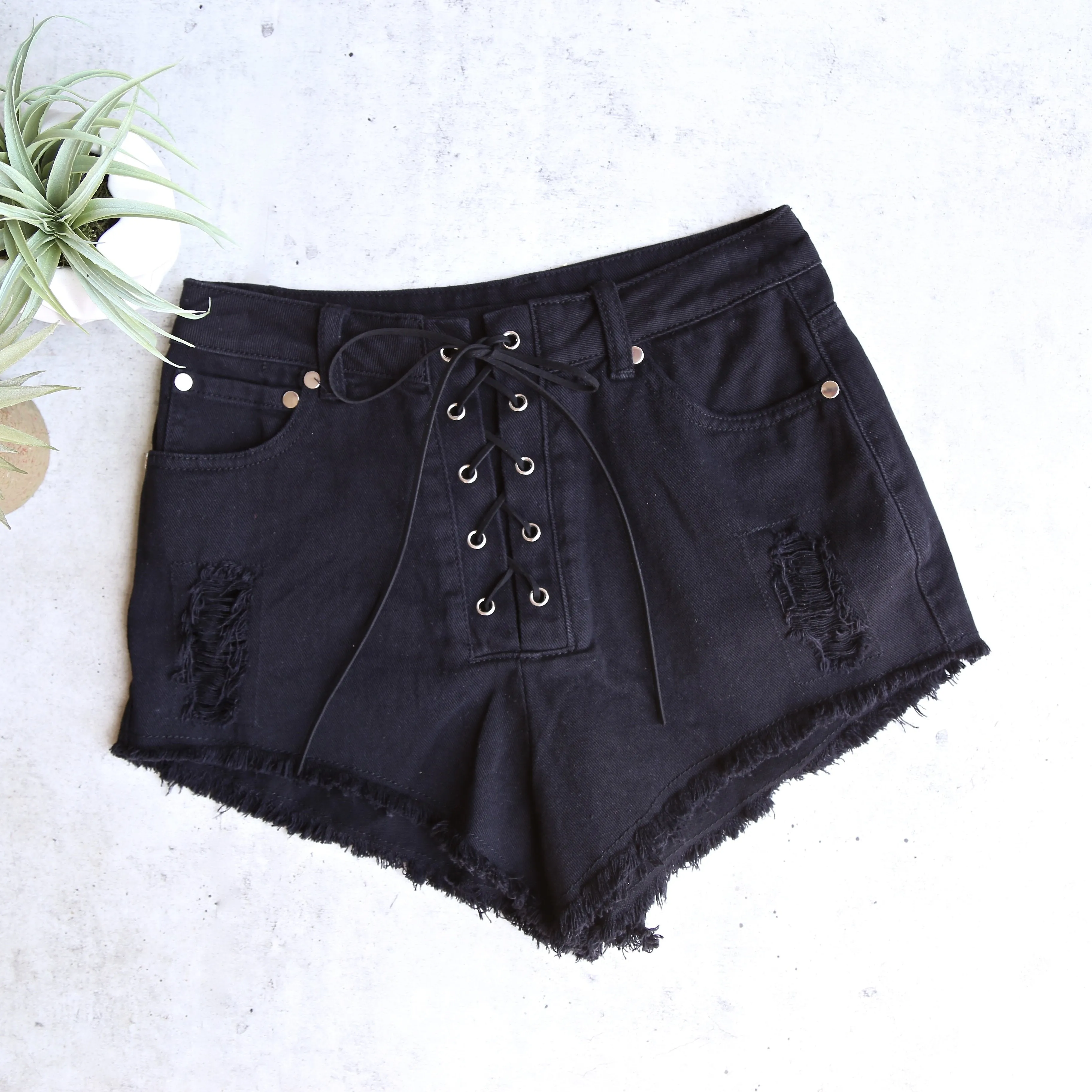 Clique Lace-Up Denim Shorts in Black