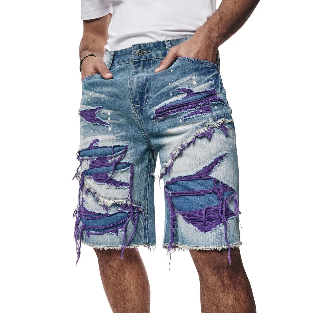 Color Wash Heavy Rip & Repair Jean Shorts - Purple