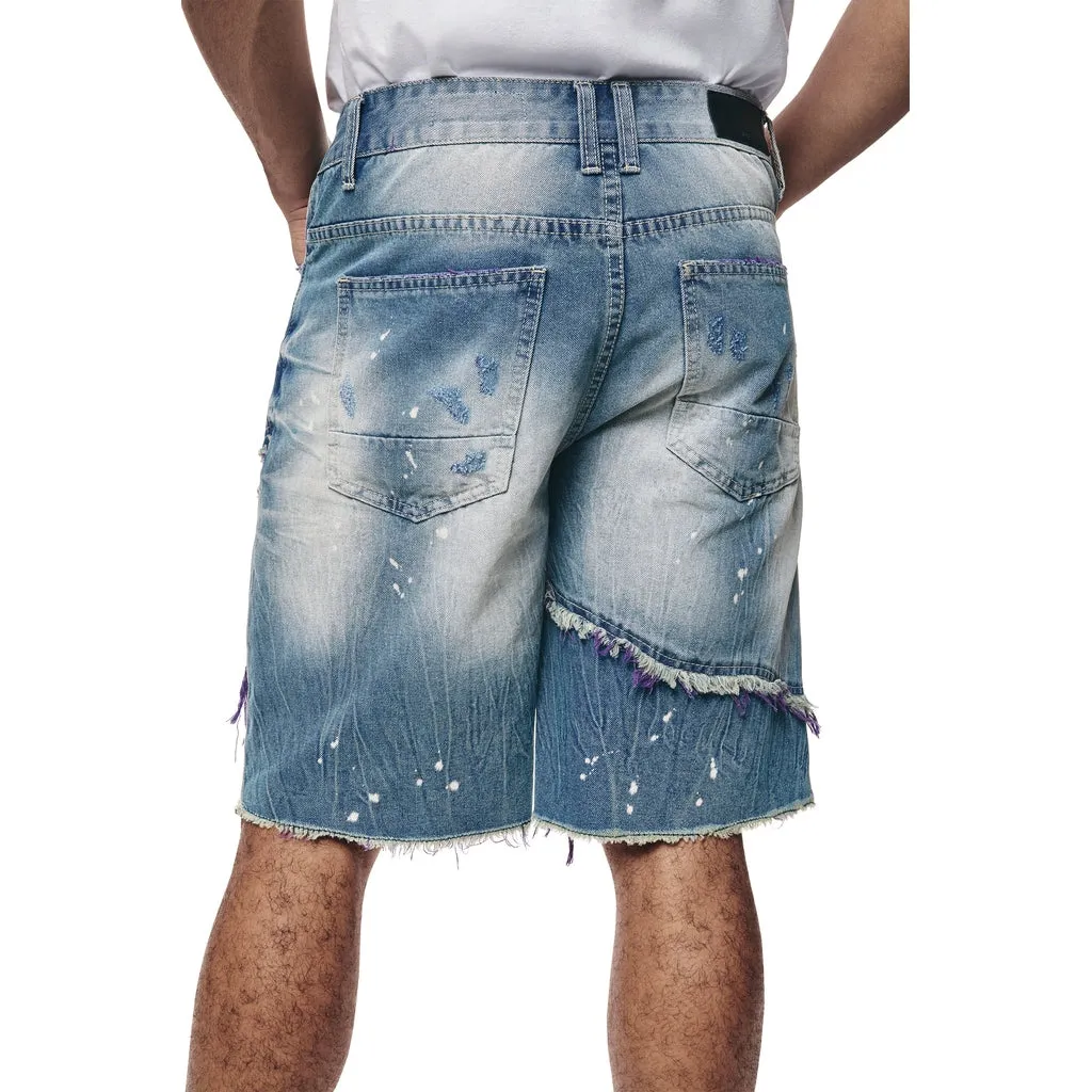 Color Wash Heavy Rip & Repair Jean Shorts - Purple