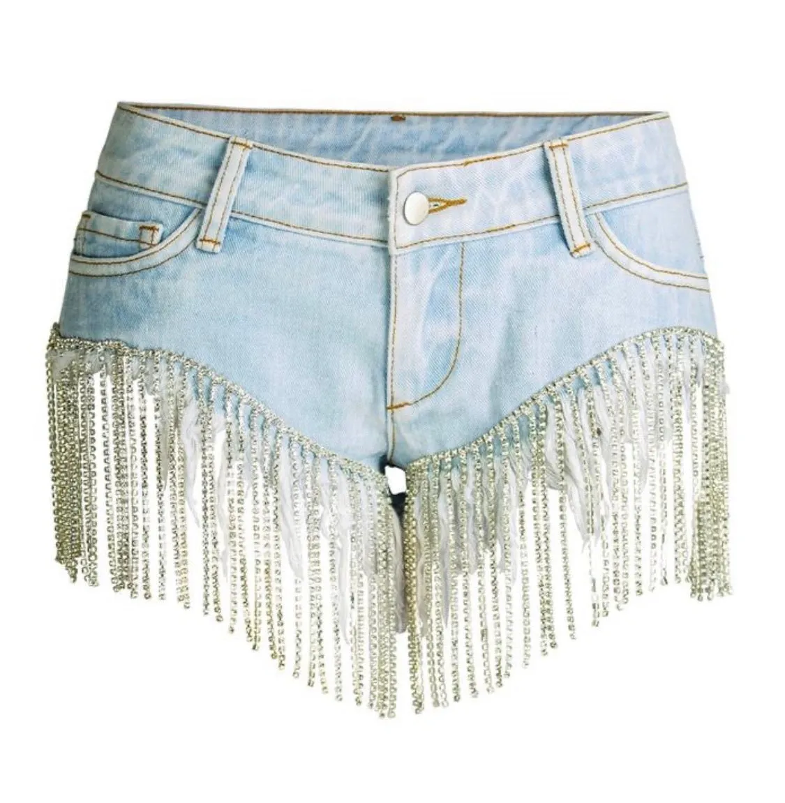 CRYSTAL FRINGE DENIM SHORTS