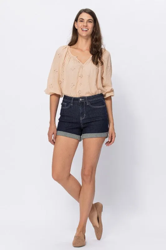 DARK DENIM STONE WASH OPEN SEAM CUFF SHORTS