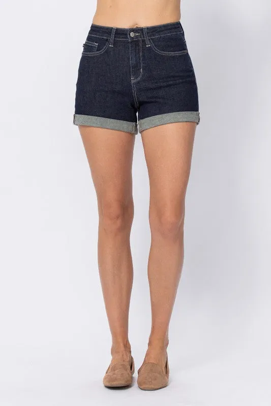 DARK DENIM STONE WASH OPEN SEAM CUFF SHORTS