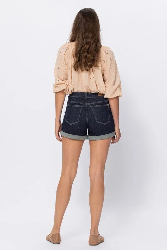 DARK DENIM STONE WASH OPEN SEAM CUFF SHORTS