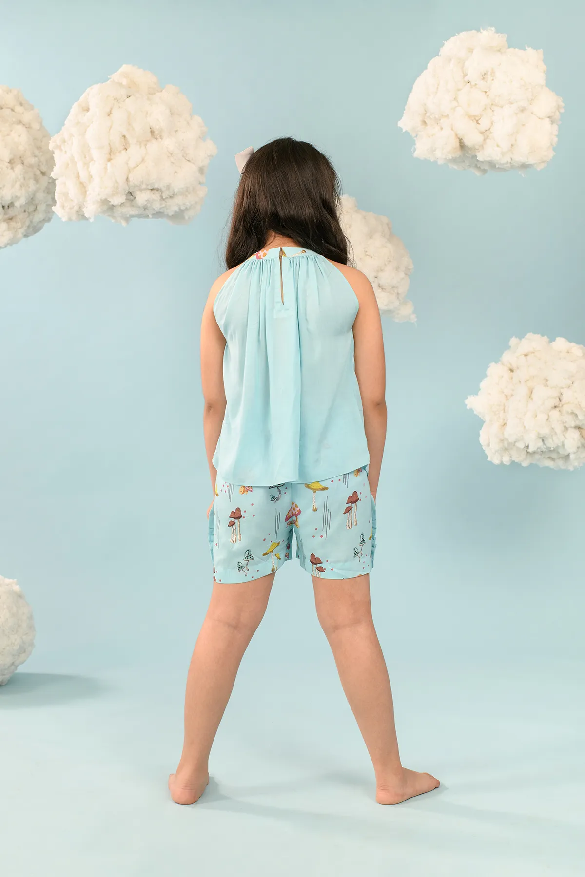 Easy-breezy- Blue Mushroom Shorts Set For Girls