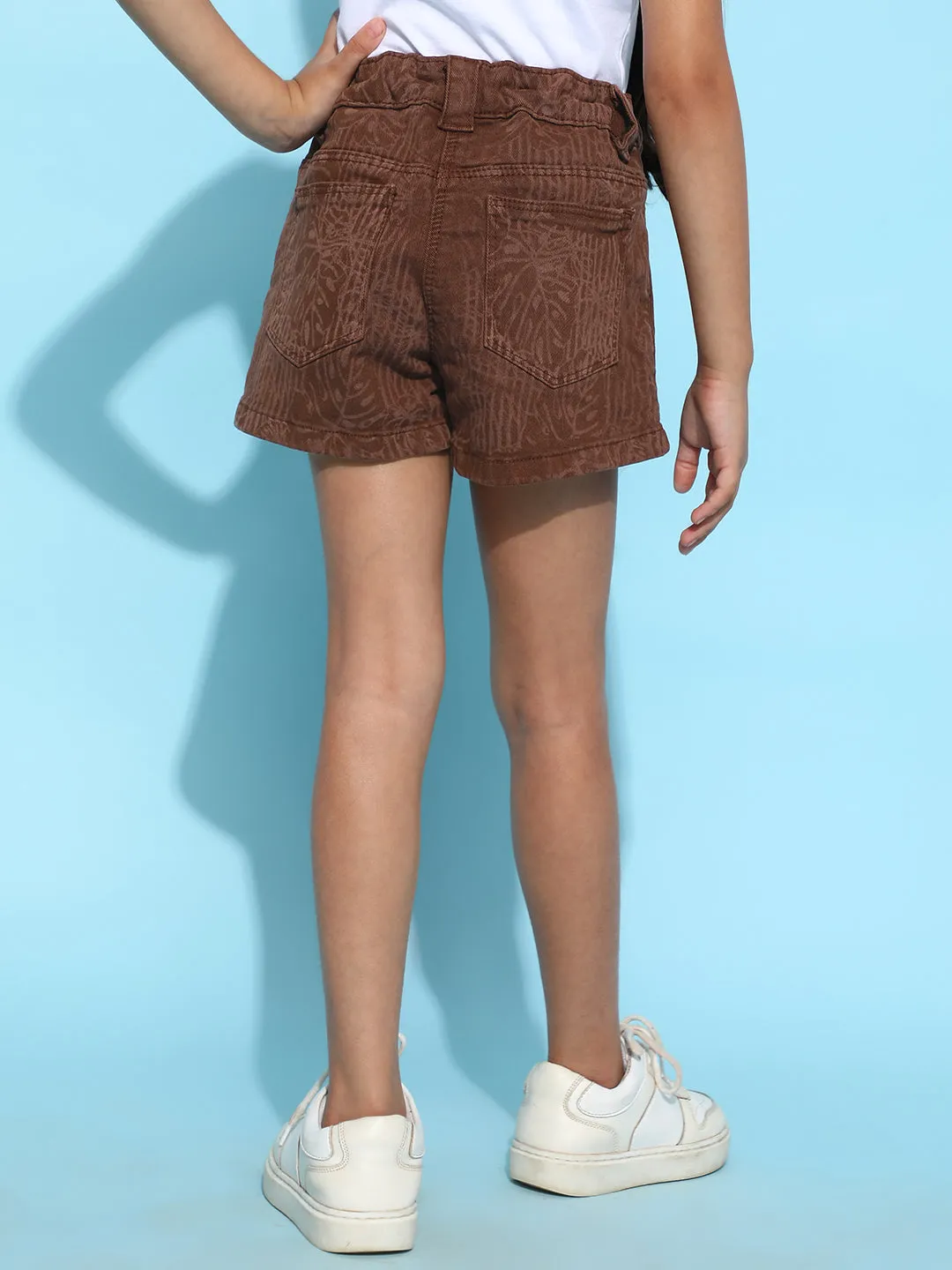 Girls Brown Lycra Regular Fit Print Shorts