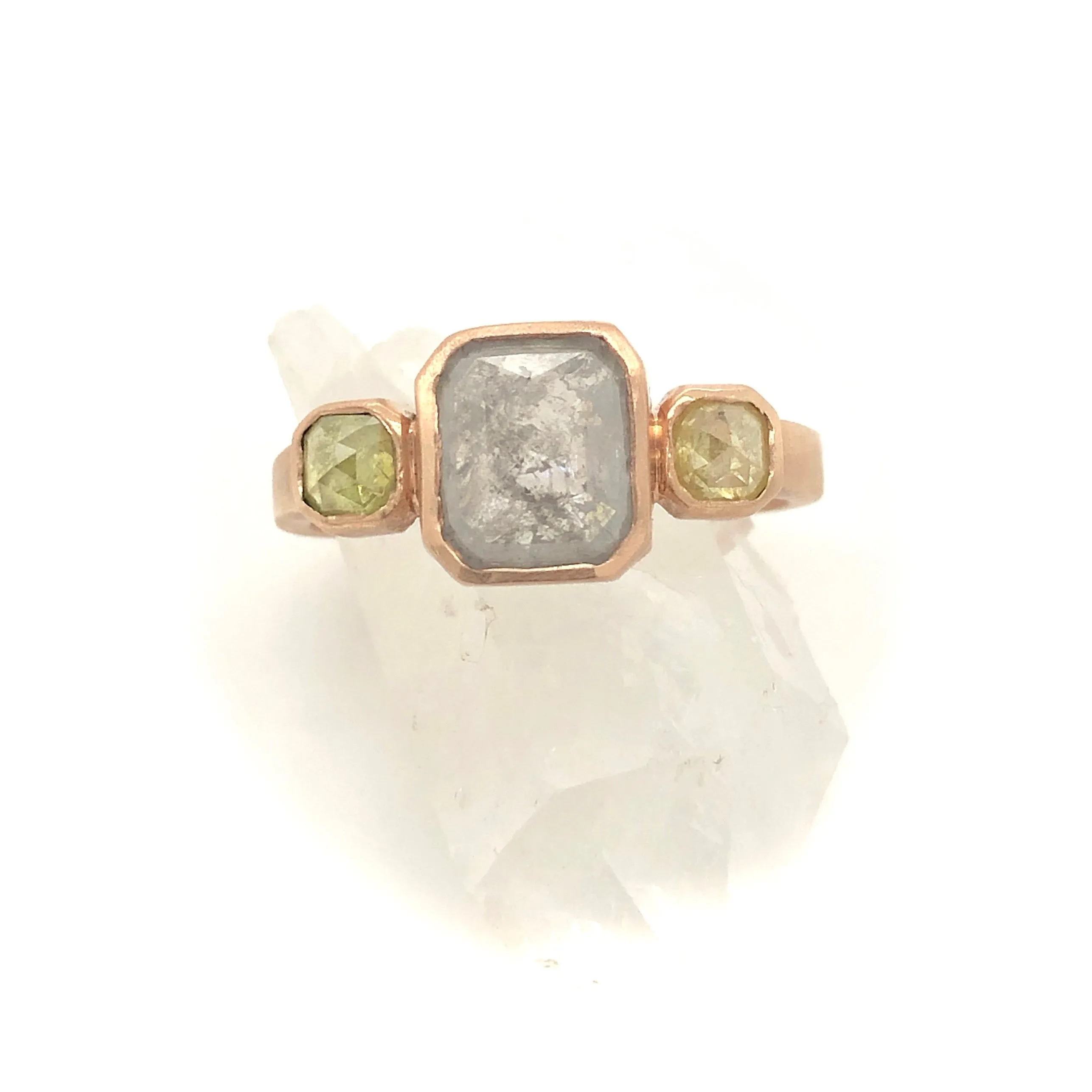 Gray Rose Cut Diamond Three Stone Ring - Three Stone Diamond Rose Gold Ring