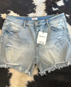 Medium Light Distressed Raw Hem Shorts