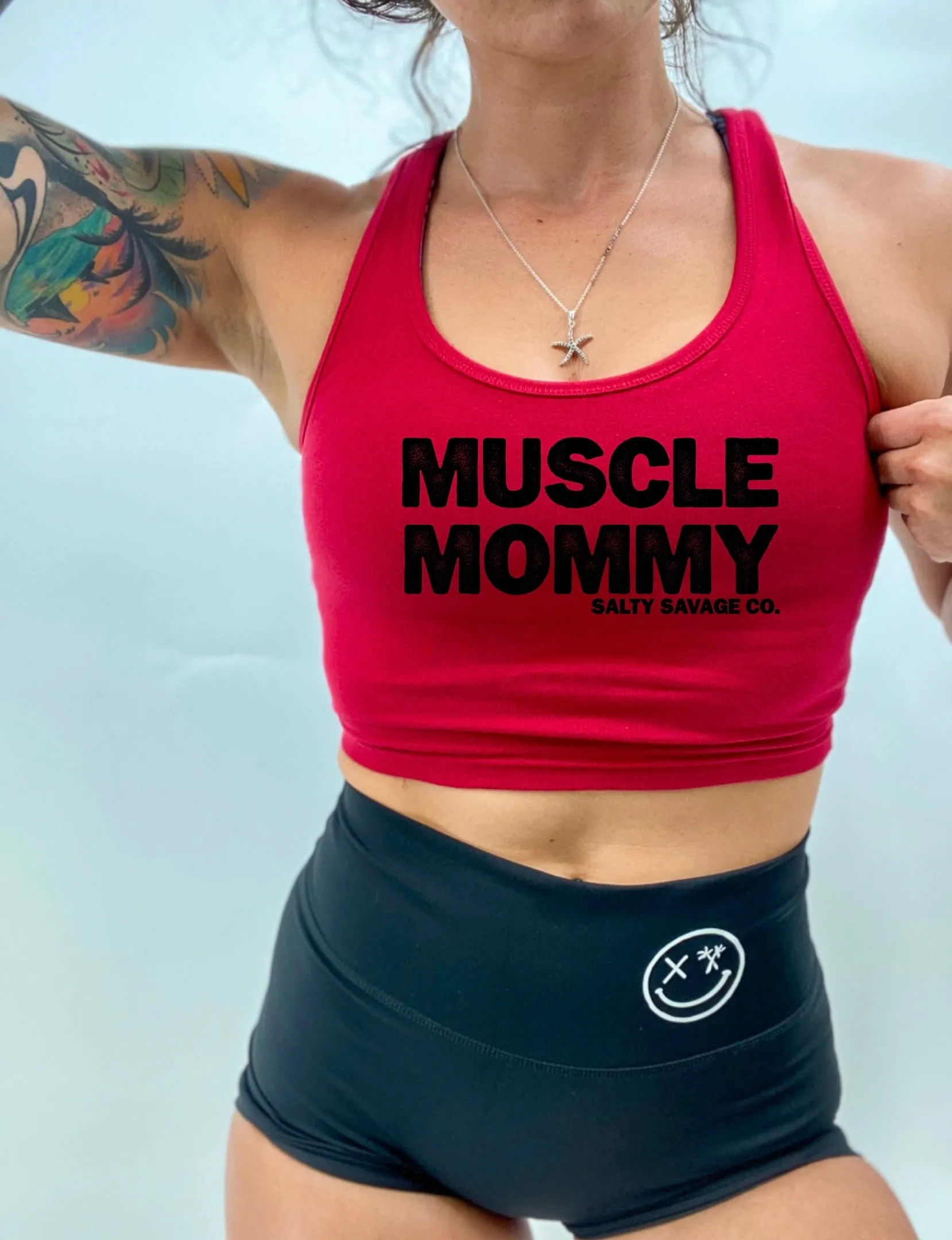 Salty Savage Ladies "MUSCLE MOMMY" Racerback Crop Tank