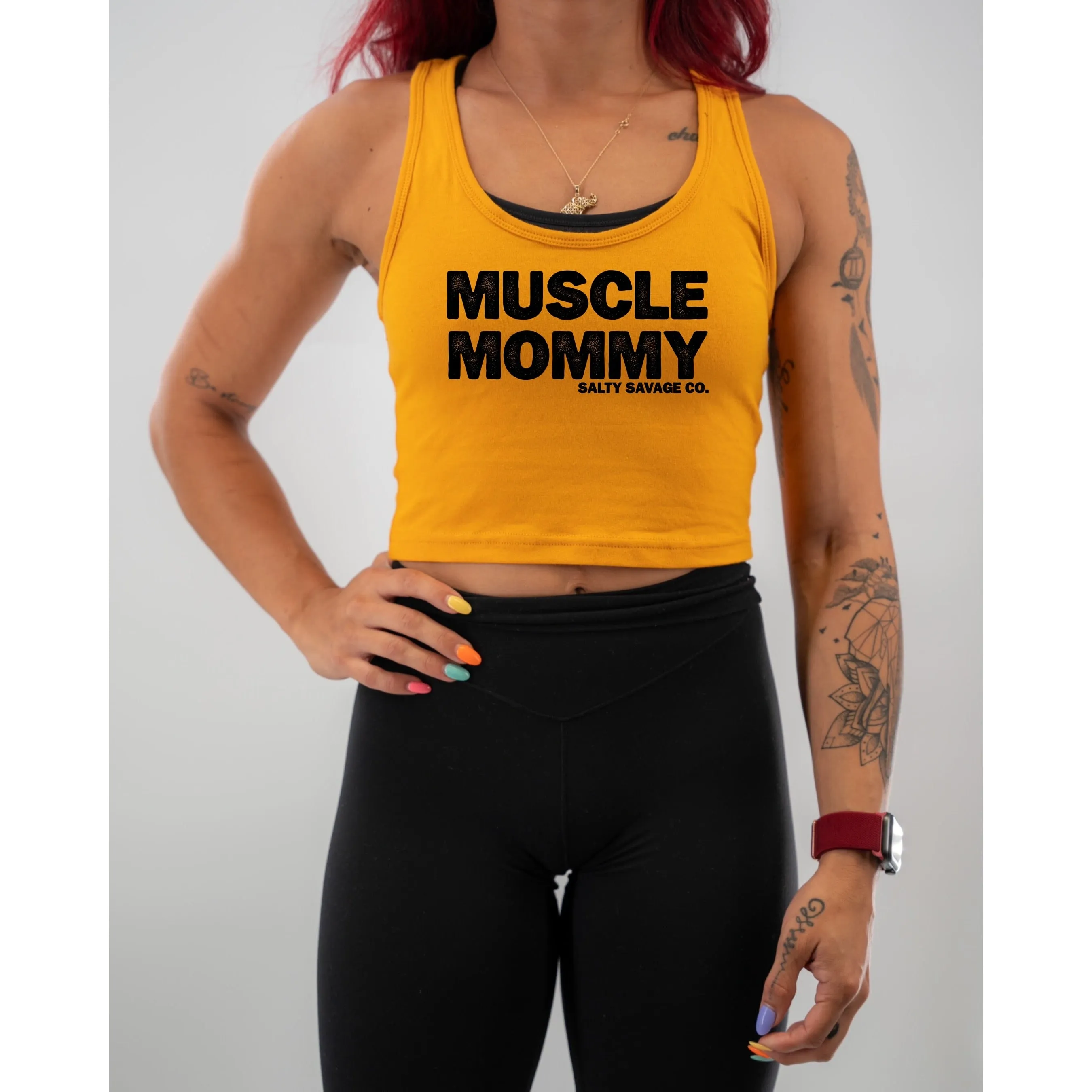 Salty Savage Ladies "MUSCLE MOMMY" Racerback Crop Tank