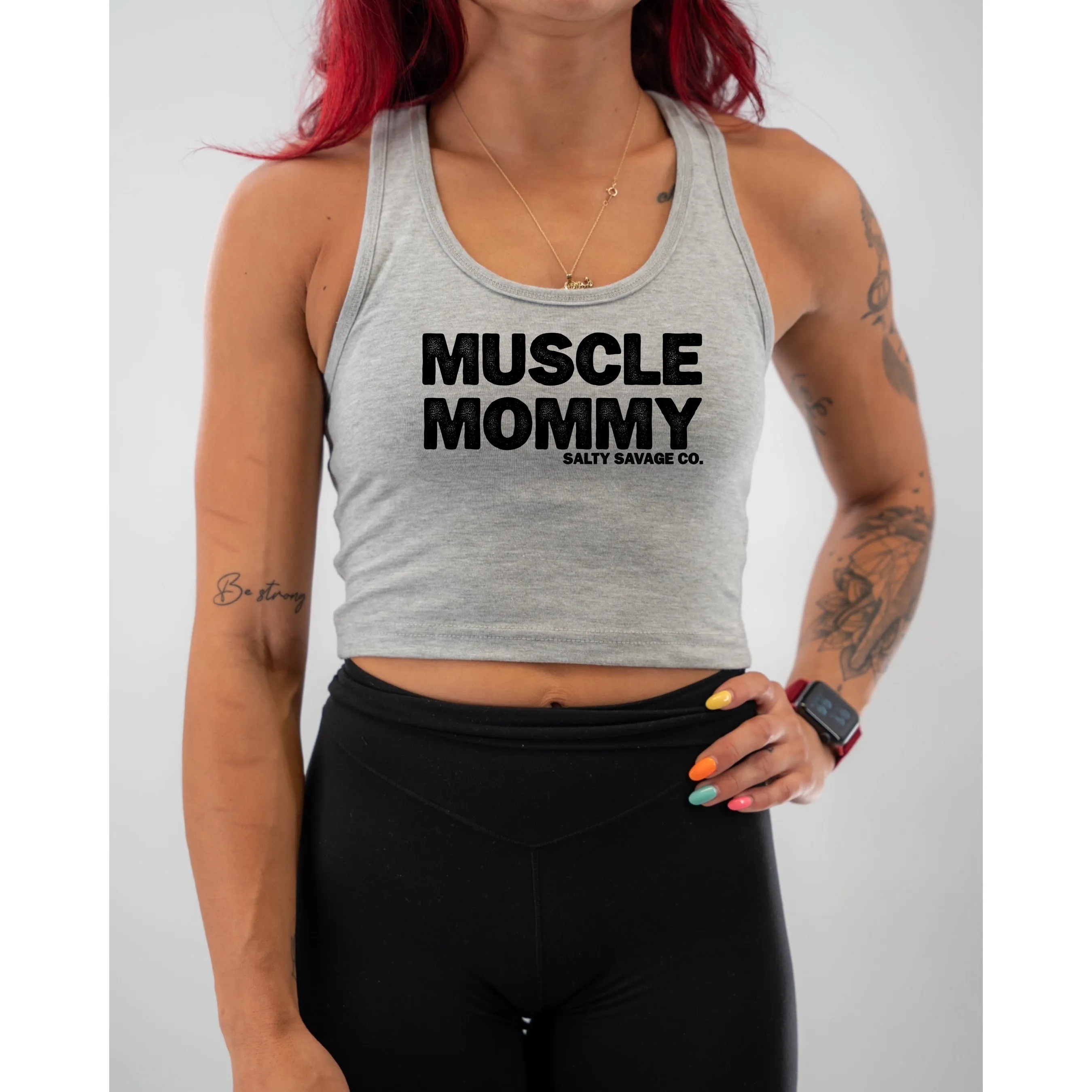 Salty Savage Ladies "MUSCLE MOMMY" Racerback Crop Tank